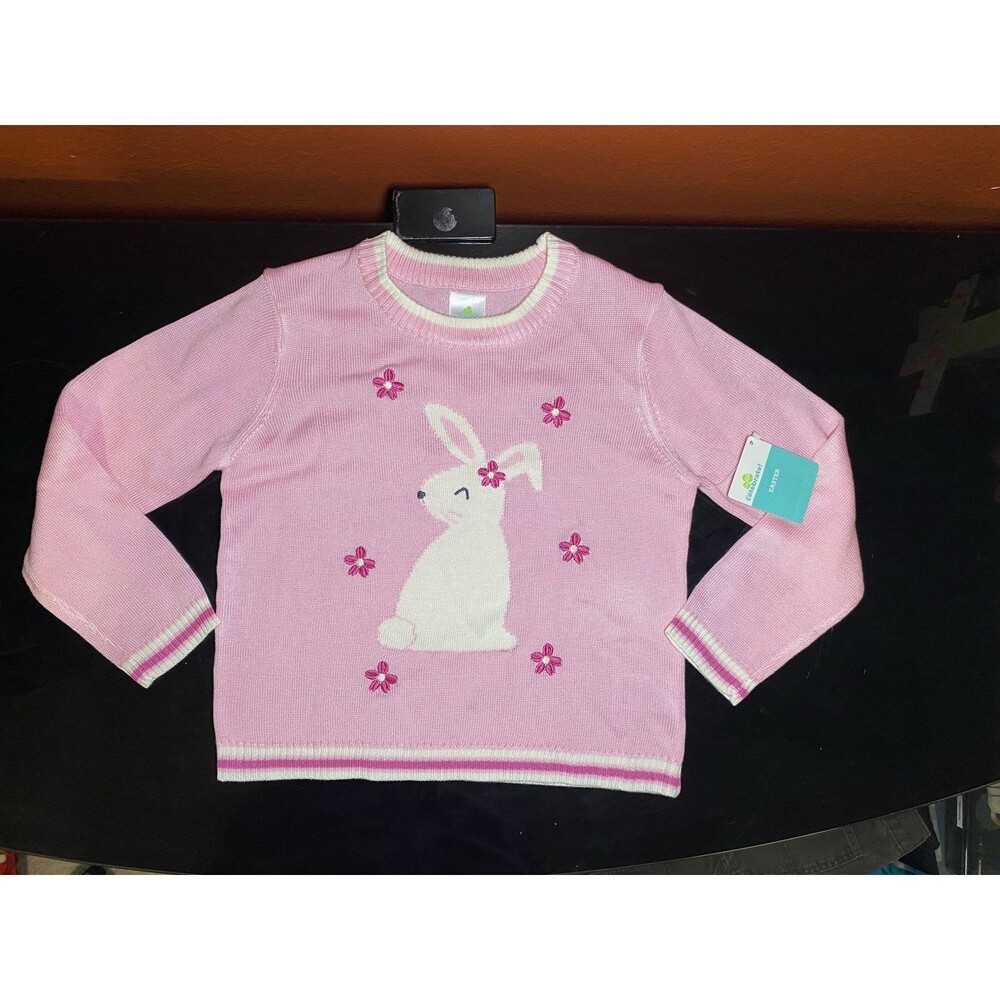 NWT Way to Celebrate Girls Easter Bunny Pink Knit Sweater Size 5T Floral Rabbit